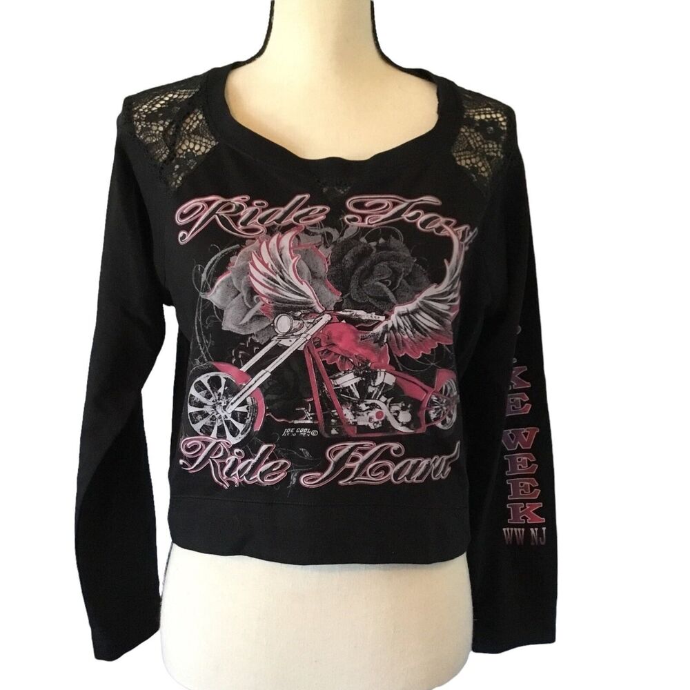 Miami Style Black Long Sleeve Women’s Cropped Bike Week T-Shirt Size Medium